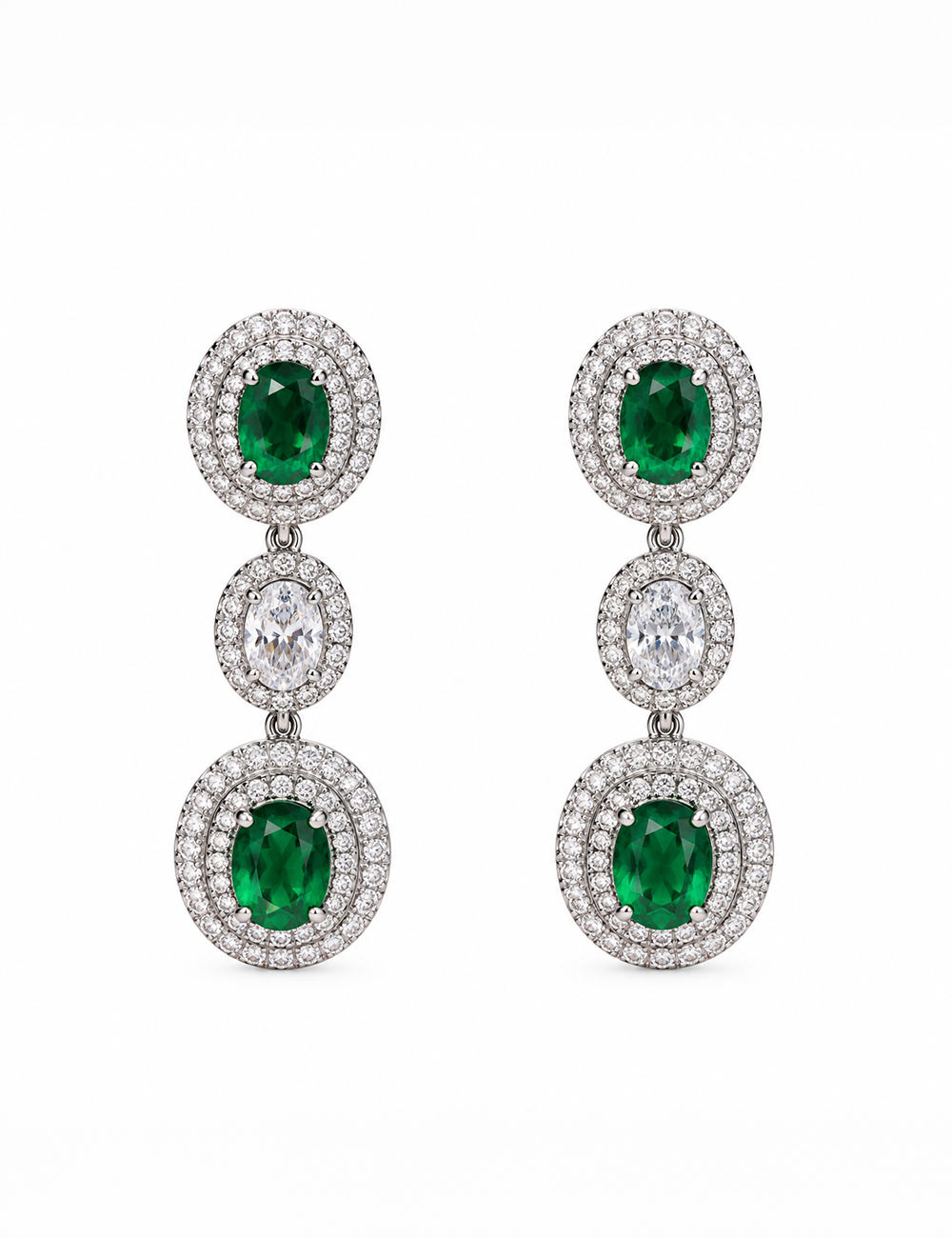 Emerald Halo Sterling Silver Drop Earrings